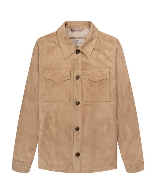 Canali Natural Buttoned Safari Suede Jacket Taupe for men