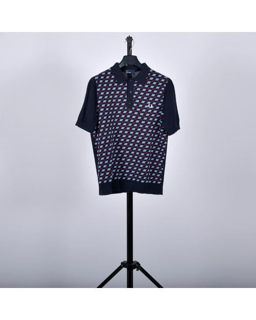 Pockets Blue Re- Fred Perry Knitted Polo With Grid Design Navy/sky/red for men