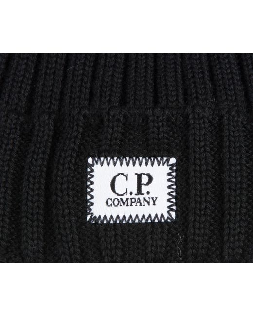 C P Company Stitched Logo Woollen Beanie Black for men