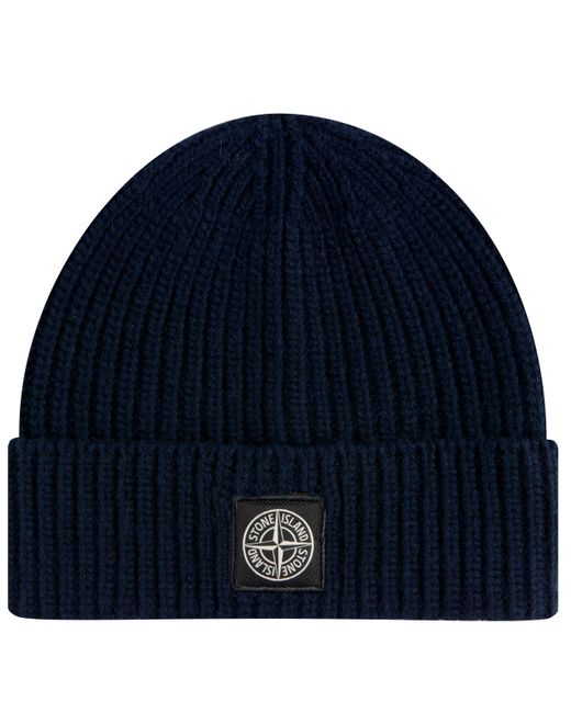 Stone Island Blue Wool Ribbed Patch Beanie for men