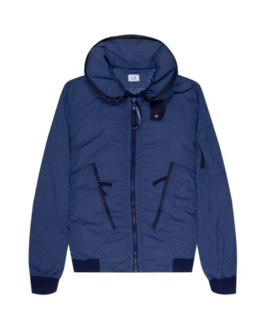 C P Company Blue Flat Nylon Hooded Short Down Jacket Navy for men