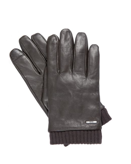 HUGO Boss Hewen-tt Leather Ribbed Cuff Gloves Brown for Men - Lyst