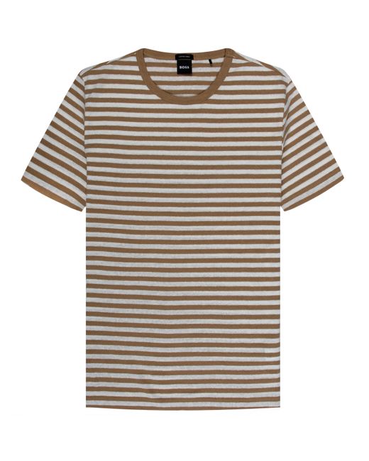 Boss Gray Hugo Tiburt Striped Linen T-shirt Brown/white for men