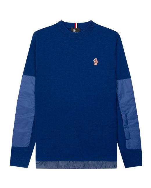Moncler Grenoble Stretch Wool Water Repellent Detailed Crewneck Knit Blue for men