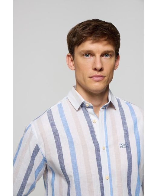 Camicia In Cotone E Lino A Righe Blu Con Logo di POLO CLUB in White da Uomo