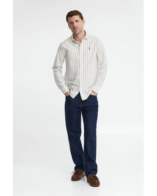 Camicia A Righe Ecrù E Blu Marino Con Collo Italiano, Regular Fit Con Ricamo Rigby Go di POLO CLUB in White da Uomo
