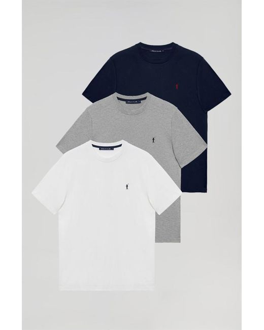 POLO CLUB Pack Mit Drei Schlichten Kurzärmligen T-Shirts Mit Logo-Stickerei, Marineblau, Weiß Und Grau Meliert in Blue für Herren