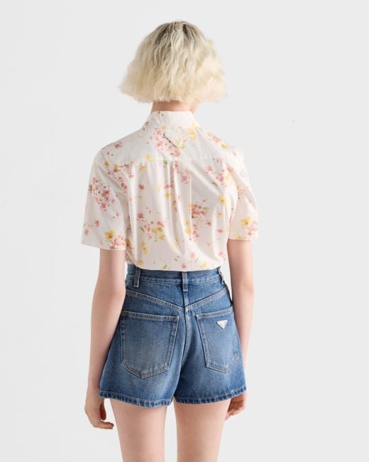 Prada Natural Short-Sleeved Floral Print Poplin Shirt