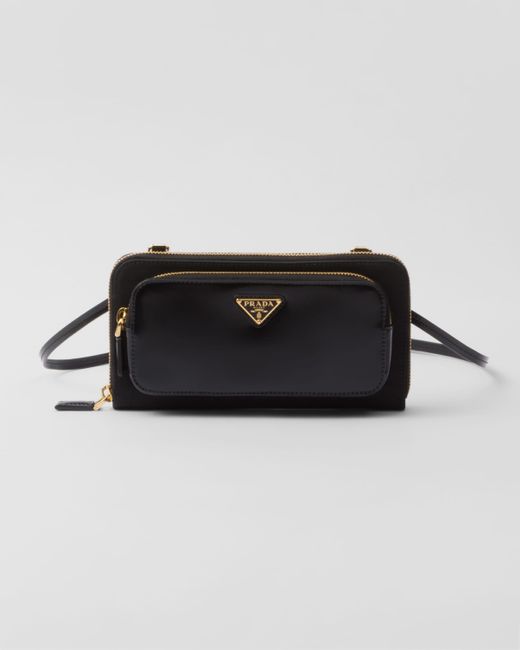 Prada Black Re-nylon And Brushed Leather Wallet With Shoulder Strap