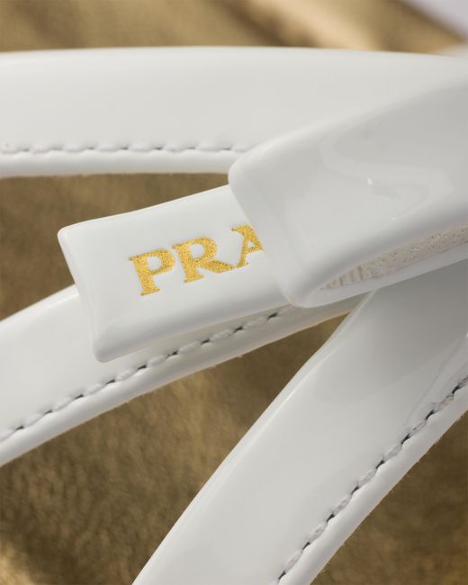 Prada White Flat Patent And Metallic Leather Sandals