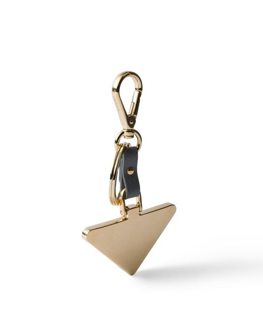 Prada White Saffiano Leather And Metal Keychain