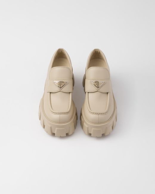 Prada Natural Brushed Leather Monolith Loafers