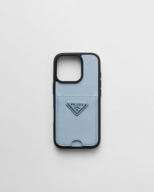 Prada Blue Saffiano Leather Case For Iphone 16