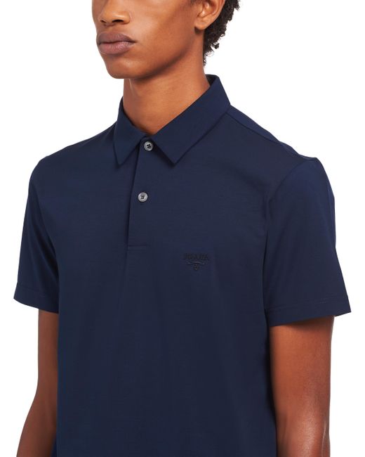 Prada Blue Stretch Cotton Polo Shirt With Embroidered Logo for men
