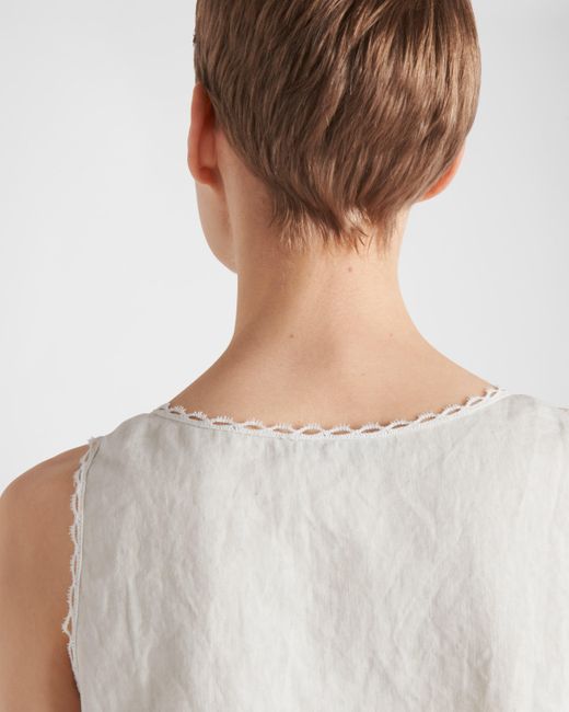 Prada White Embroidered Linen And Antique Silk Mini-Dress