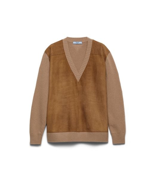 Prada Brown Cashmere, Wool And Suede Sweater