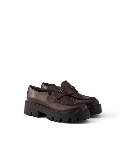Prada Brown Leather Loafers, Teak
