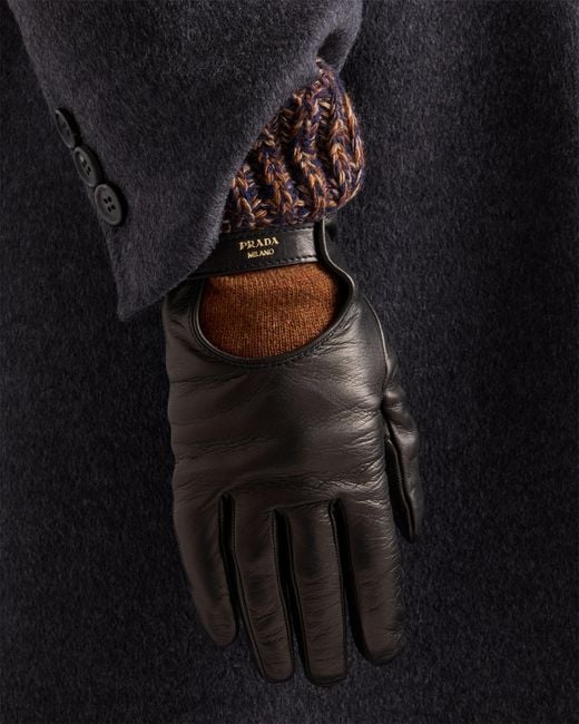 Prada Black Nappa Leather And Mélange Knit Gloves Size 7