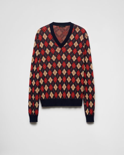 Prada Red Argyle Cotton Sweater for men