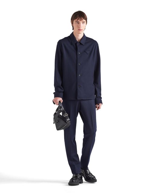 Prada Blue Triangle-Logo Wool-Blend Shirt for men