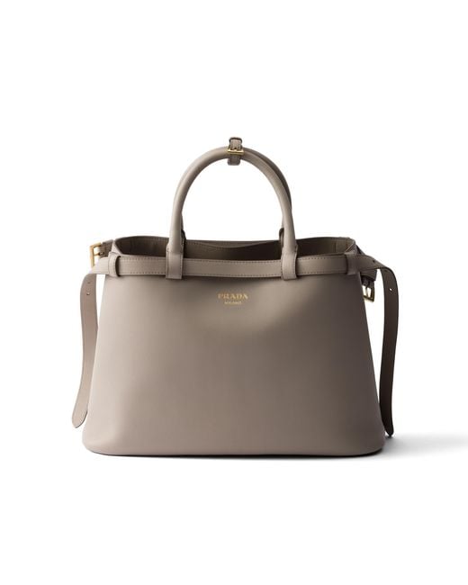 Prada Gray Buckle Medium Leather Handbag With Double Belt
