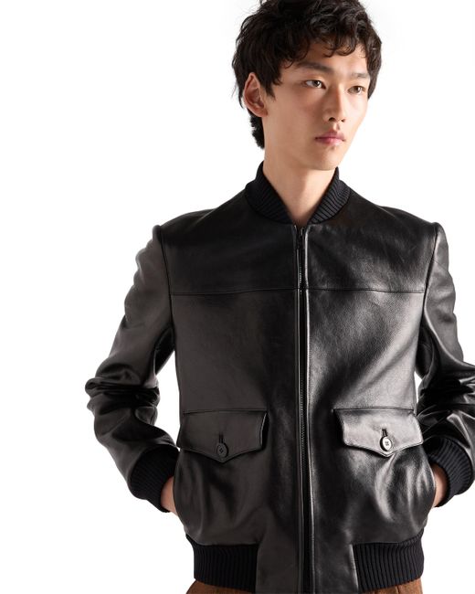 Prada Black Patch-Pocket Leather Bomber Jacket for men
