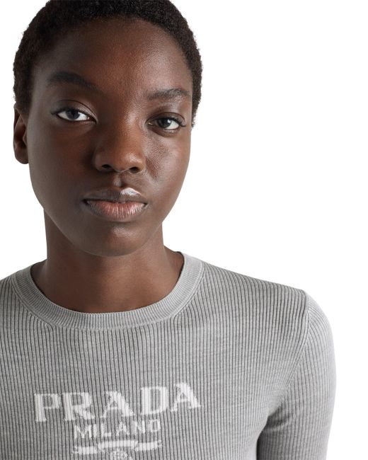 Prada Gray Silk Crew-Neck Sweater With Logo