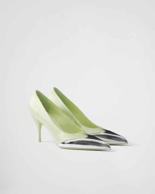 Prada Green Satin And Metallic Leather Pumps