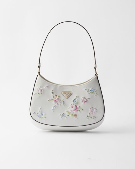 Prada White Cleo Printed Brushed Leather Shoulder Bag