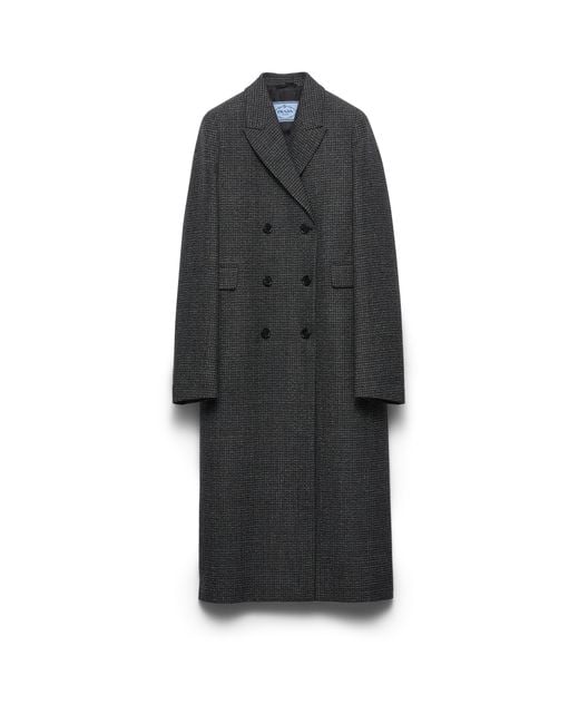 Prada Blue Double-Breasted Gingham-Checked Mouliné Wool Coat