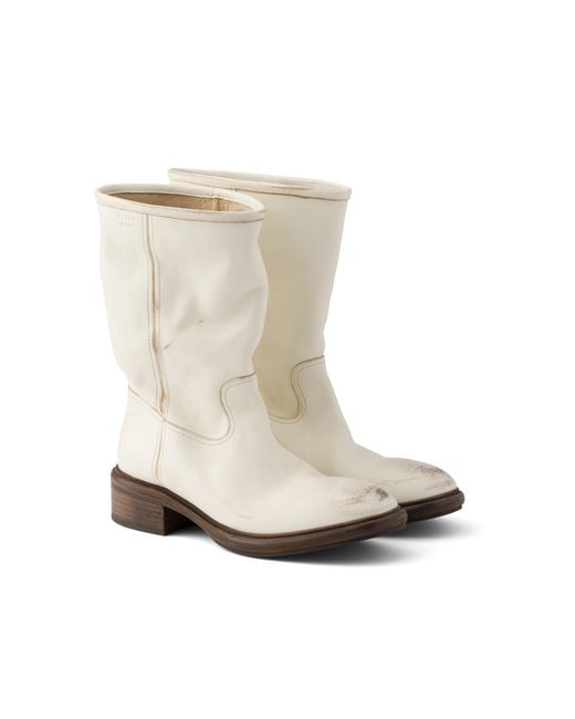 Prada White Vintage-Effect Leather Boots