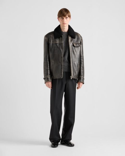 Prada Black Shearling-Trimmed Leather Jacket for men