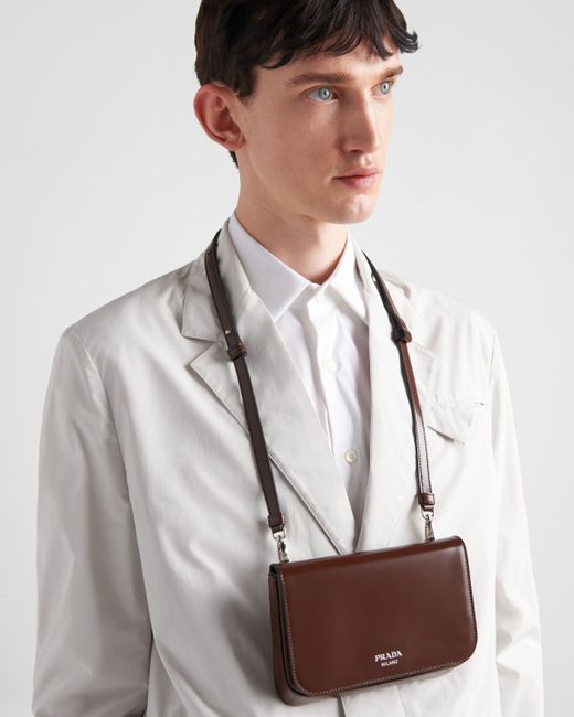 Prada Brown Brushed Leather Mini-Bag With Shoulder Strap for men