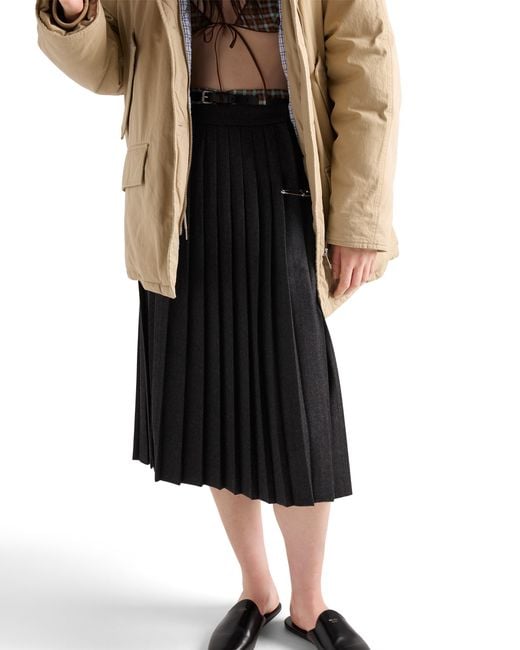 Prada Black Pleated Wool Flannel Skirt