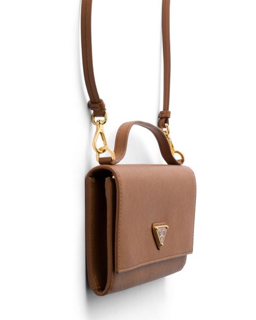 Prada Brown Saffiano Leather Wallet With Shoulder Strap