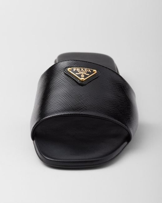 Prada Black Saffiano Patent Leather Slides