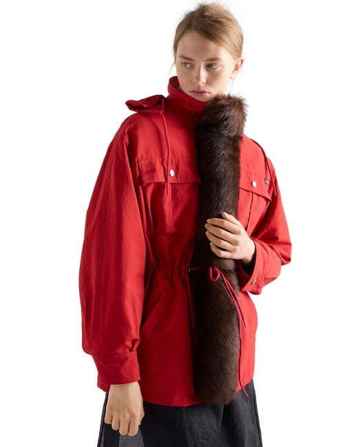 Prada Red Technical Fabric Parka With Shearling Trim