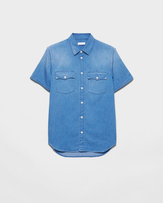 Prada Blue Short-Sleeved Light Denim Shirt for men