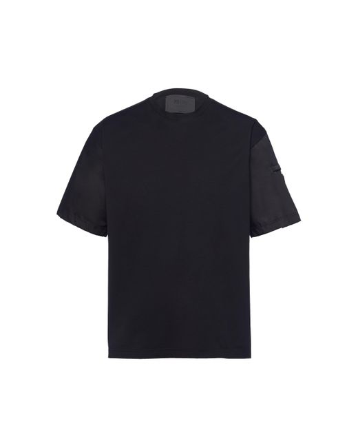 Prada Blue Stretch Cotton T-Shirt With Re-Nylon Details for men