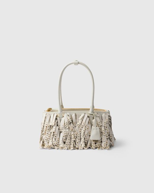 Prada White Galleria Medium Nappa Leather Bag With Fringe And Studs