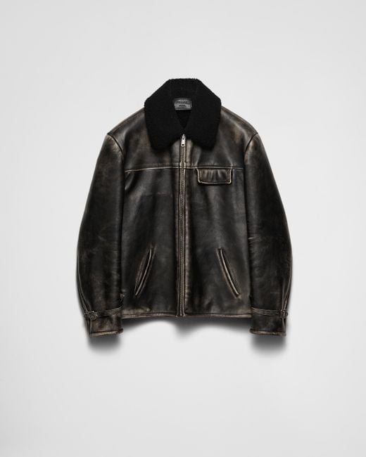 Prada Black Shearling-Trimmed Leather Jacket for men
