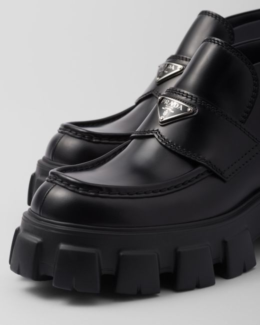 Prada Black Monolith Flatform Logo-embellished Brushed Leather Loafers for men