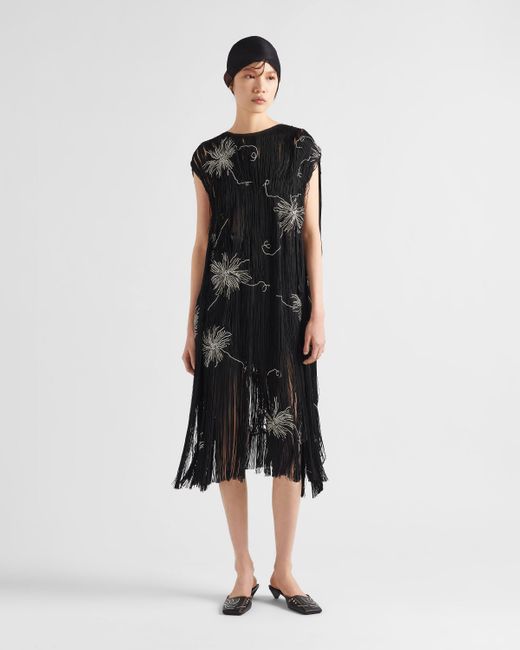 Prada Black Embroidered Dress With Fringe