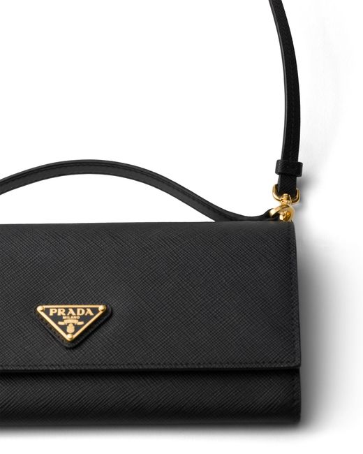 Prada Black Saffiano Leather Wallet With Shoulder Strap