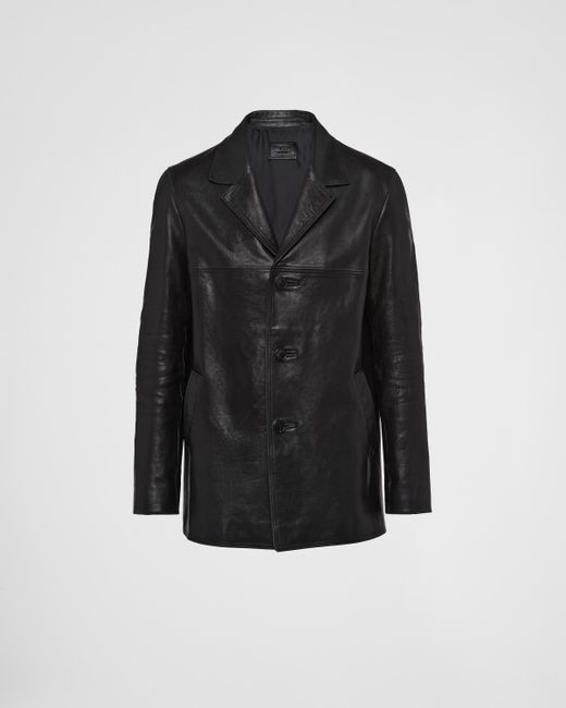 Prada Black Leather Pea Coat for men