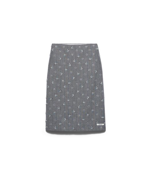 Prada Gray Embellished Pinstripe Wool Midi-Skirt