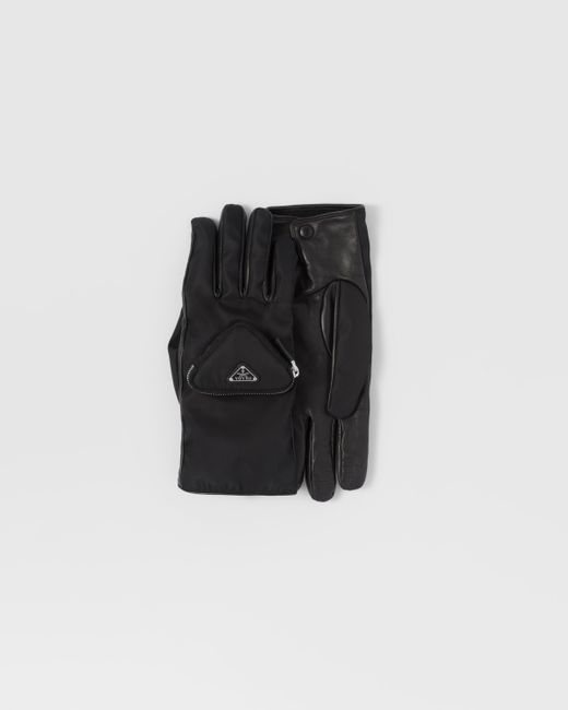 Prada Black Re-Nylon And Napa Leather Gloves for men