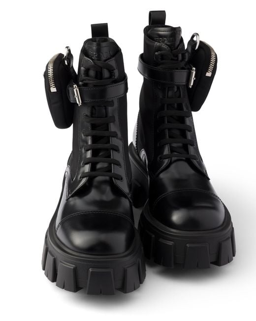 Prada Black Monolith Leather And Re-Nylon Booties With Pouch