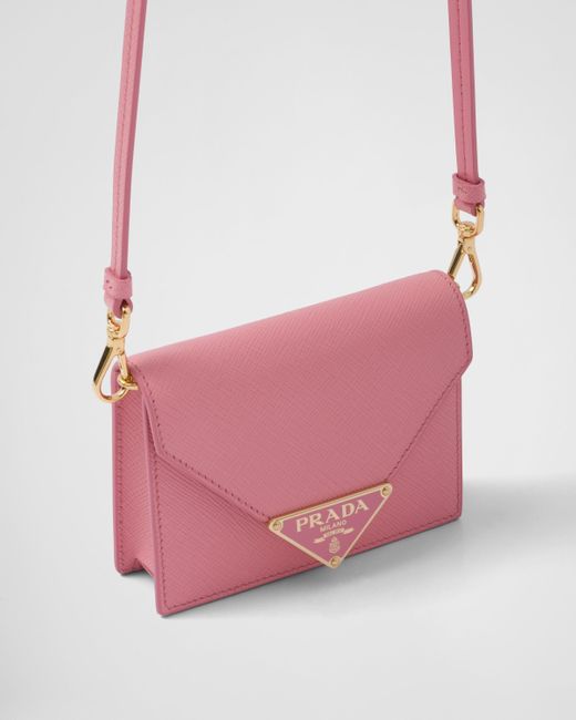Prada Pink Saffiano Leather Card Holder With Shoulder Strap