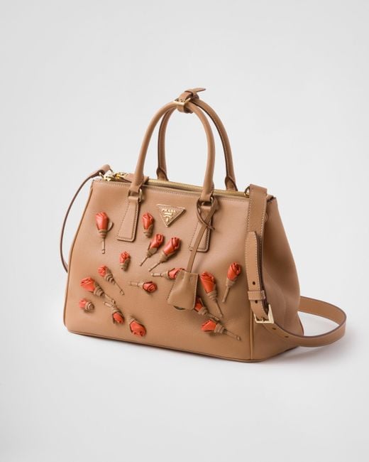 Prada Brown Large Galleria Leather Bag With Floral Appliqués